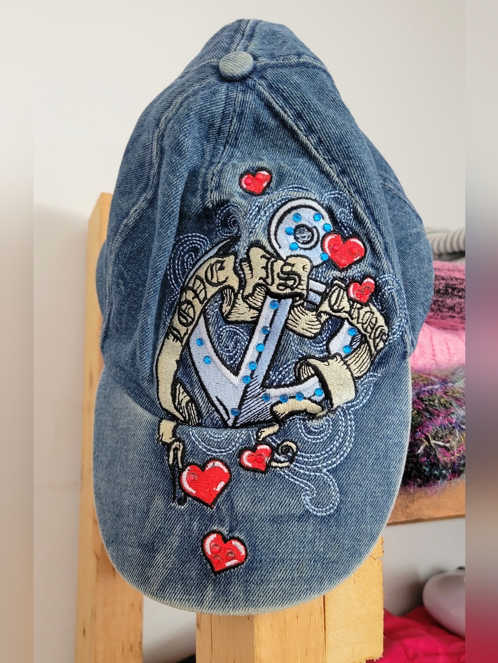 NEW! Denim Unisex Jeans Cap with Red Heart Embroidery.